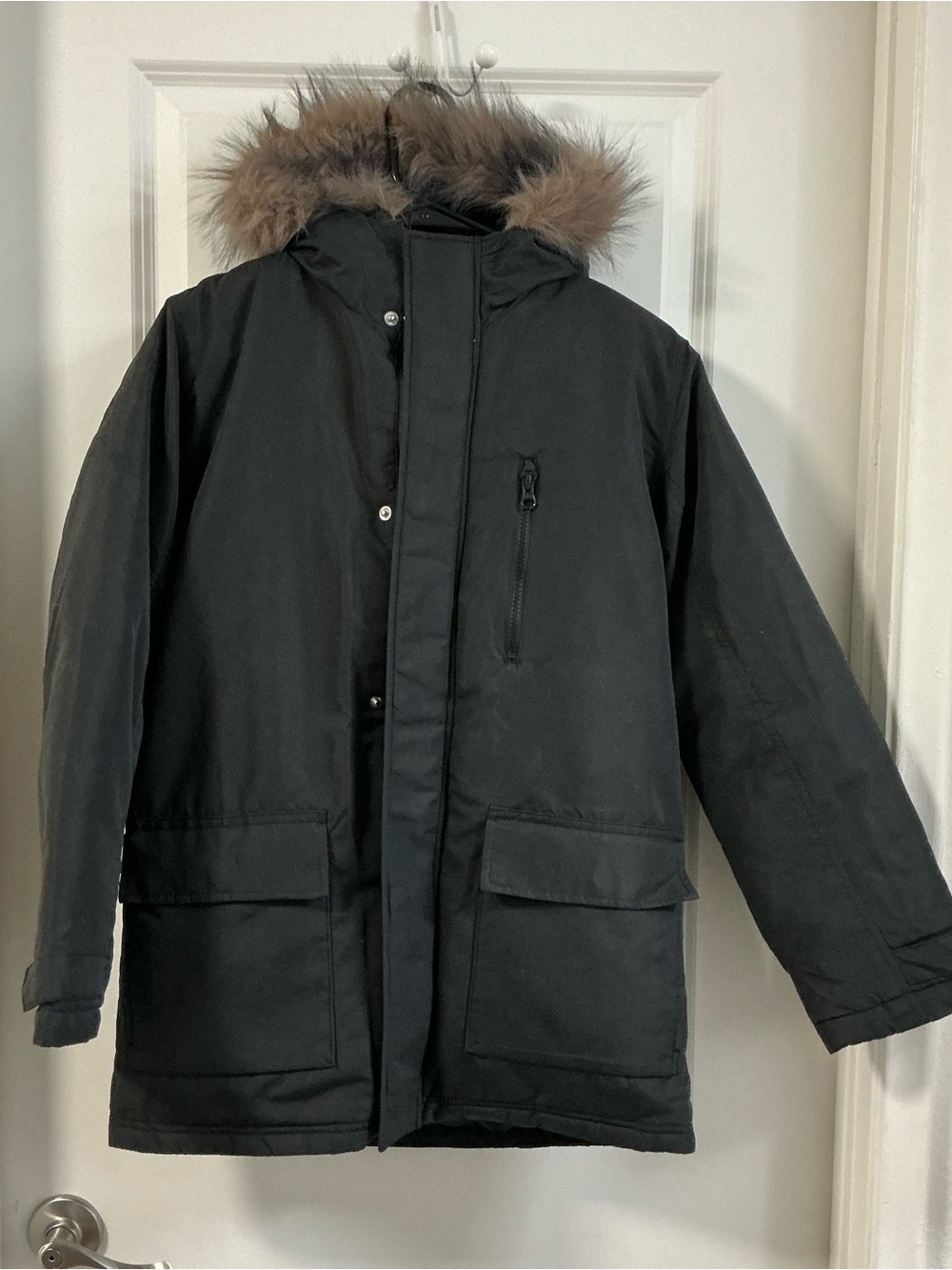 NWT Old Navy Black Parka Jacket Faux Fur Trim Hood Heavy Boys XL (14-16) Youth